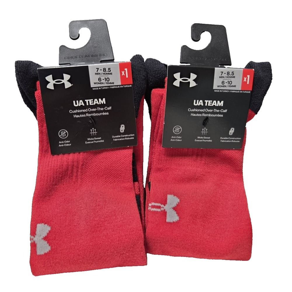 Under Armour Red Team Crew Socks Mens 7-8.5 Womens 6-10 Over the Calf  2 Pairs